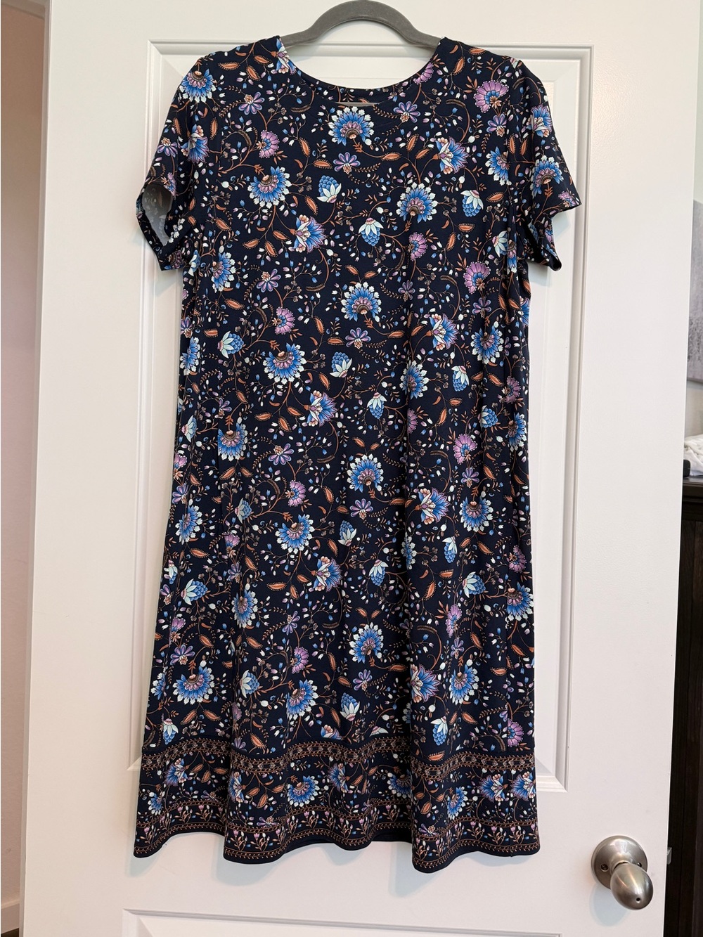 NWOT J. Jill Wearever Navy Floral Short-Sleeve A-Line Dress Pockets Medium